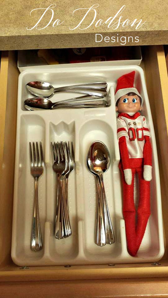 Elf on the shelf mischievious ideas spooning with the dinnerware. 