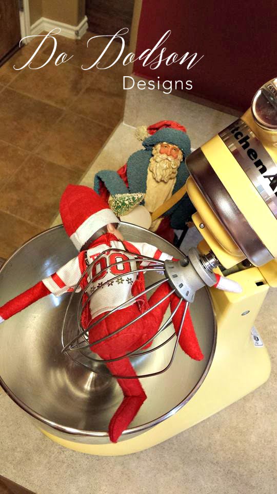 Elf on the shelf mischievious ideas playing ring around the Kitchen Aide. 