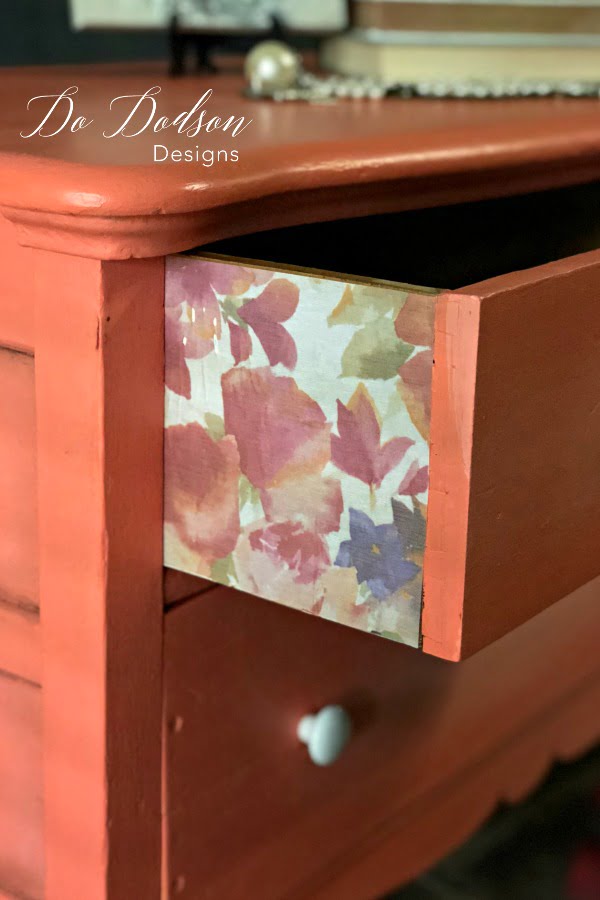 GORGEOUS! I love the way this vintage paper looks on the sides of these drawers. 