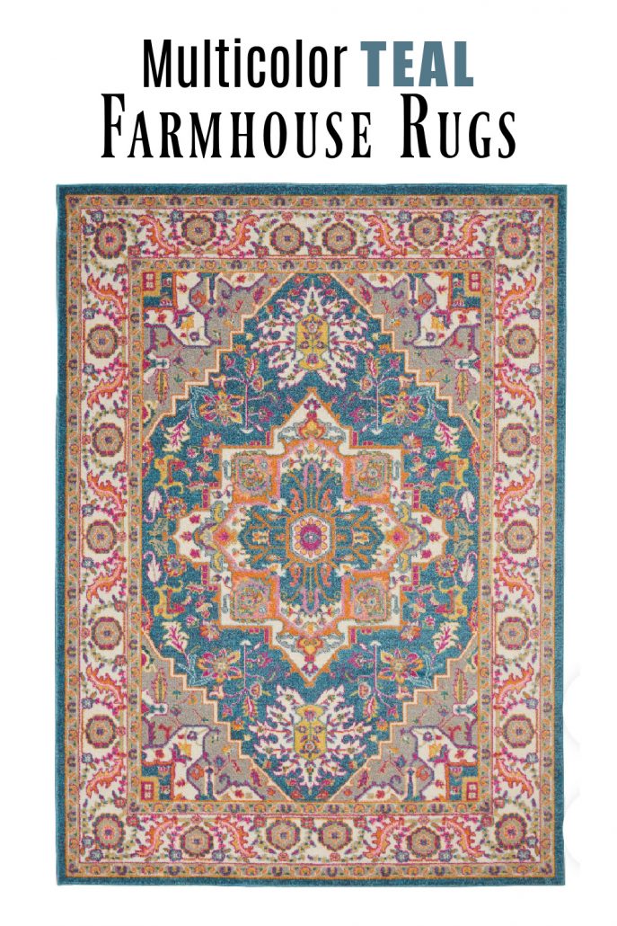 Happy colors! This multicolor Teal farmhouse style area rug has a color for almost everyone. I think I counted 9-10 different colors. It would be a great accent rug in any living room that needs a pop of color. 