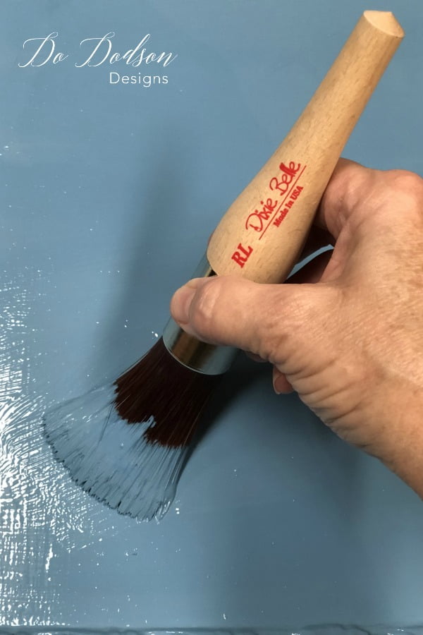 I got a beautiful farmhouse blue by mixing Dixie Belle's Cobalt Blue and Duck Egg Blue. Their new round large brush made the paint glide on. These brushes are amazing!