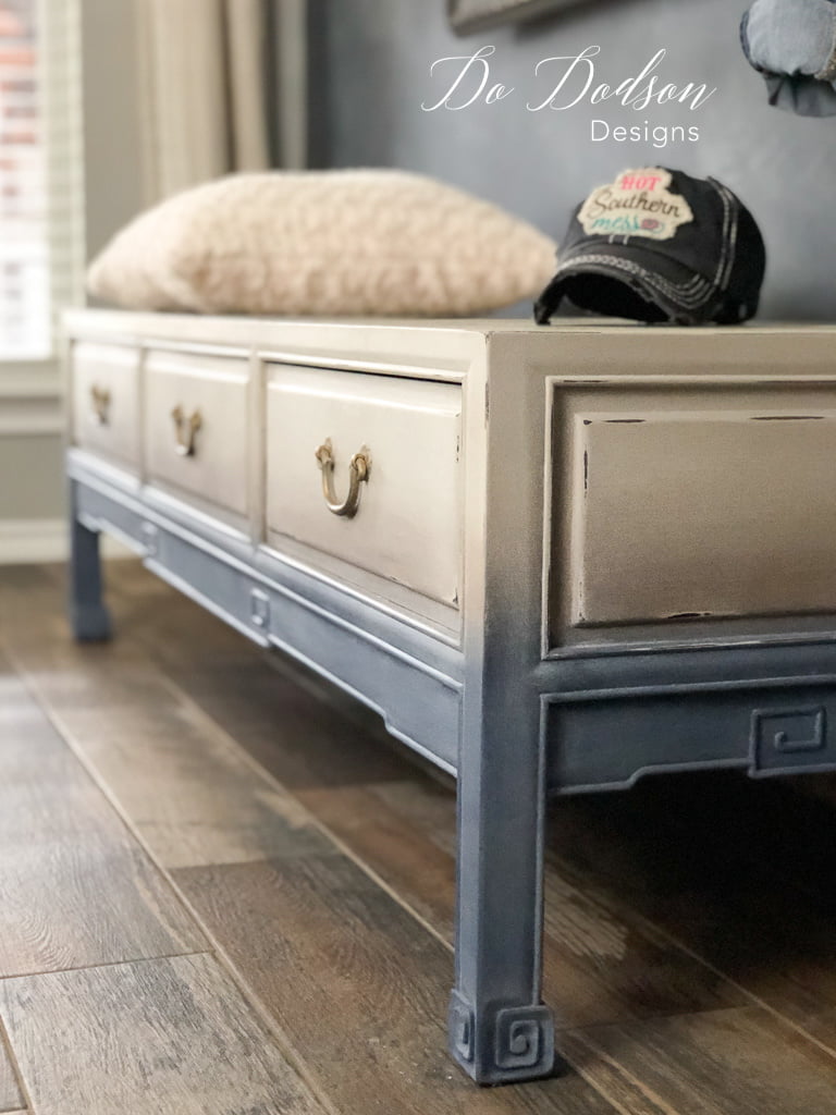 Faded denim painted look on vintage furniture. It a great casual look that will complement any room.