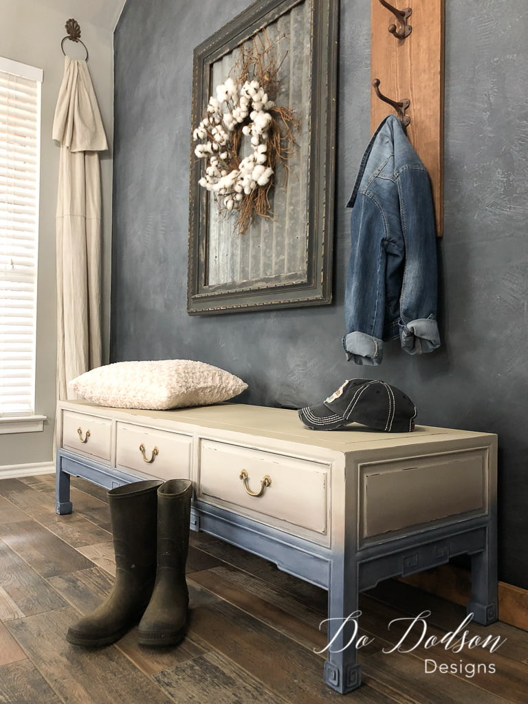 Why not add a little more faded denim to your home. I created this faded denim painted look on this vintage bench with just three colors!