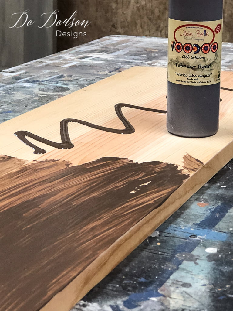 I applied the gel stain to the board that I would be using to make the wall coat hanger.