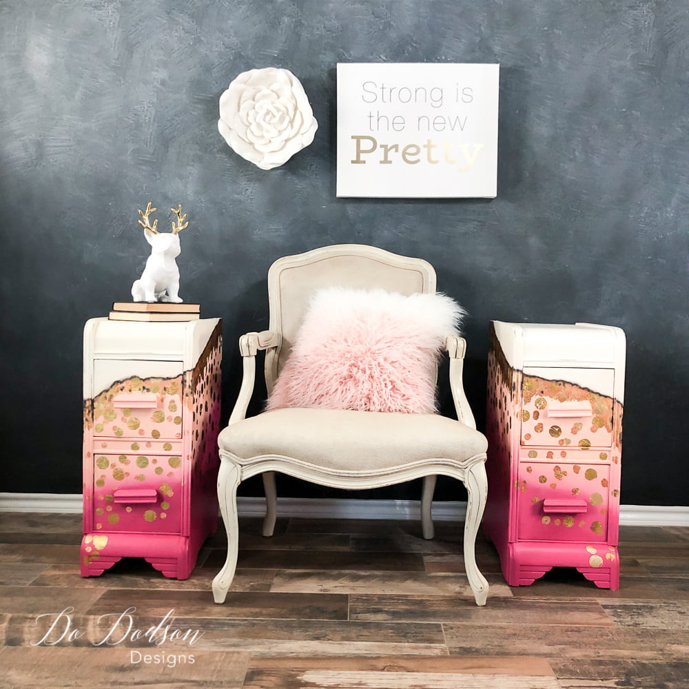 Whimsical pink painted nightstands with a copper and gold leaf twist.