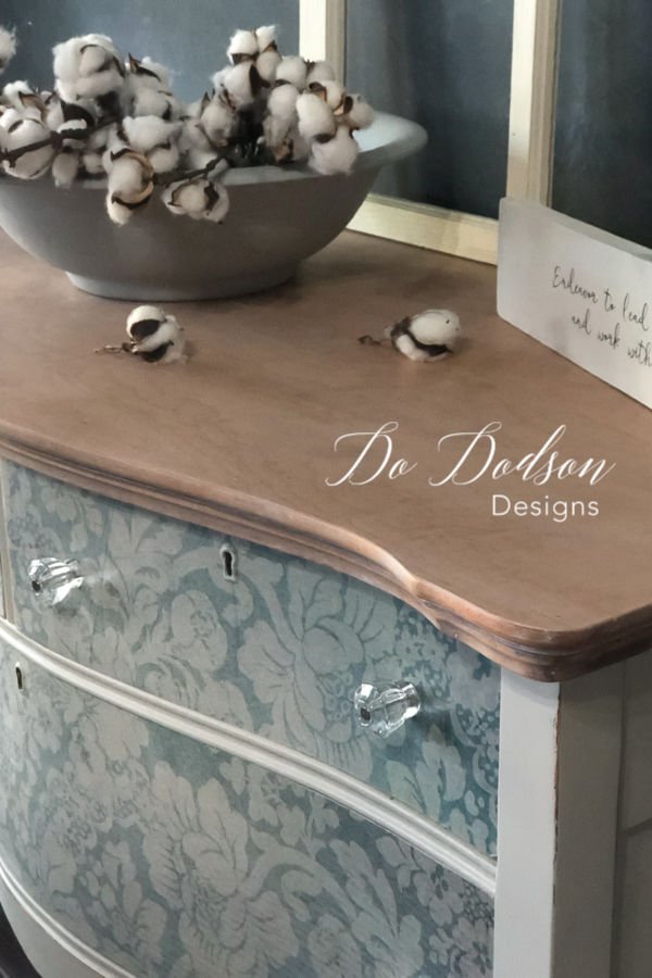 I love a raw wood finish on furniture and I got this look with white wax. Looks great with the decoupage paper I chose. 