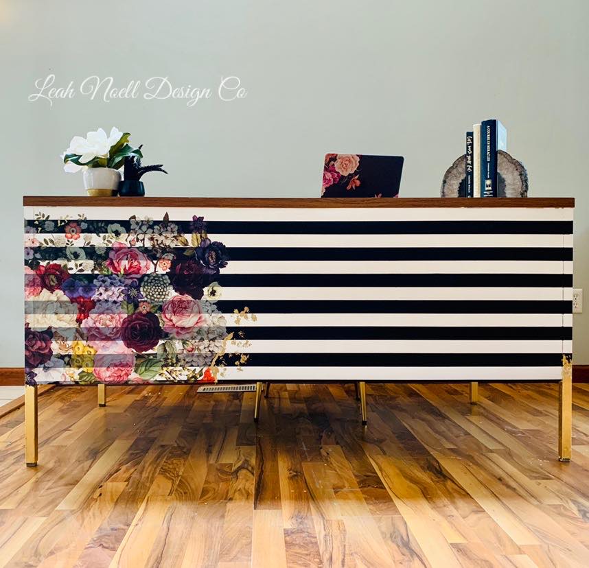 Bold stripes with the gold metal leaf added to the leg of this mid-century dresser makeover makes my heart happy! 