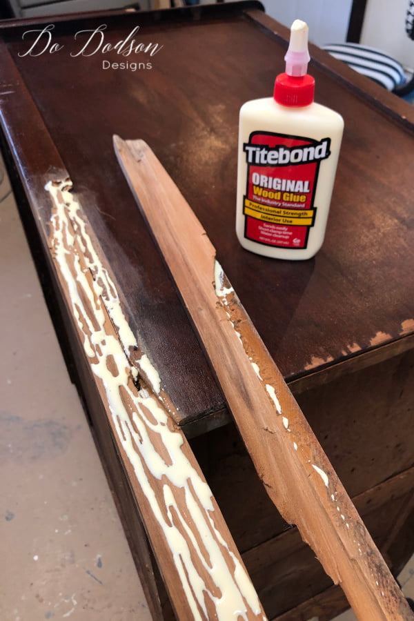 Next, you will need to secure the broken leg pieces with wood glue. Apply the glue liberally to the wood before reconnecting the broken piece. Wipe away any excess glue with a wet paper towel or cloth.