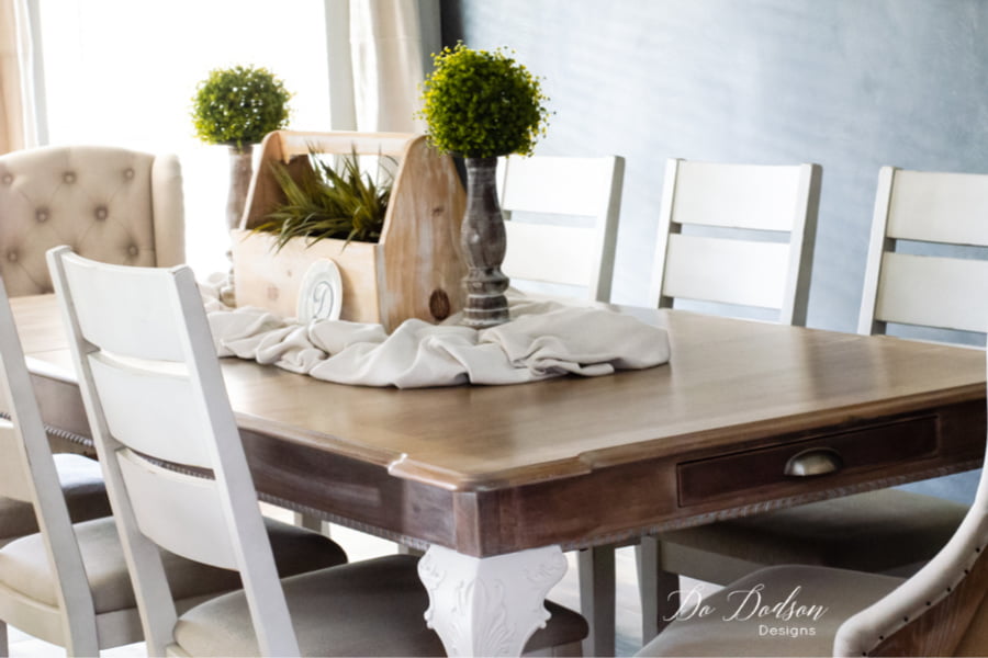 My dining room feels light and airy now. Whitewashing this table was the right decision for my farmhouse dining room.