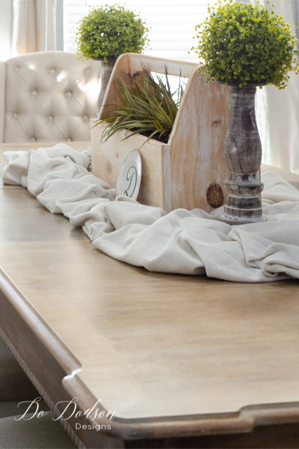 I decorated my whitewash wood table with some of my favorite farmhouse decor. It's exactly how I wanted my farmhouse dining room table to look.