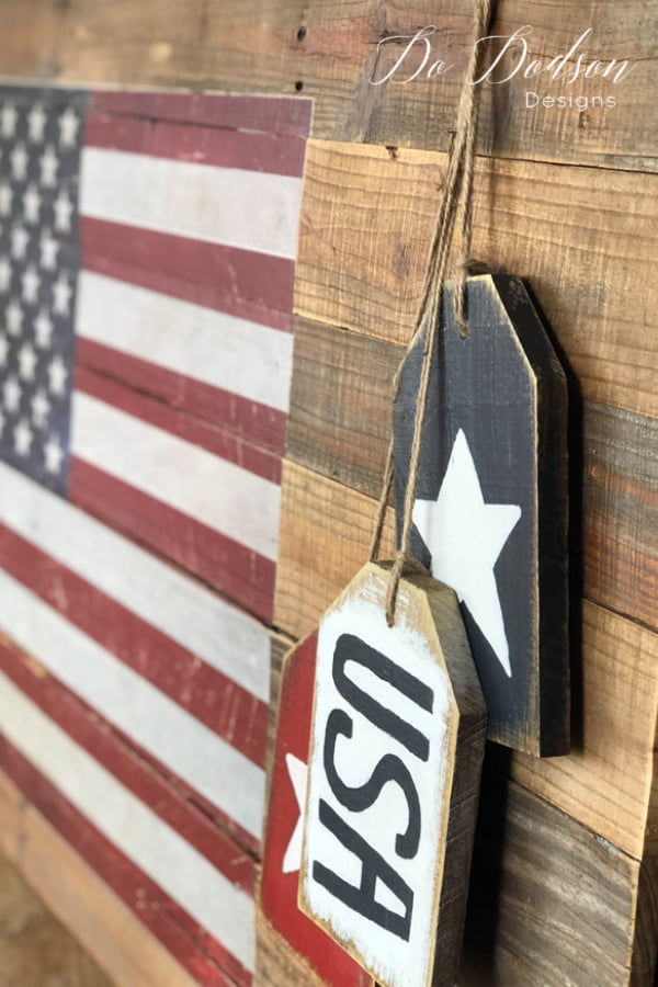Rustic pallet wood sign with an American Flag transfer.