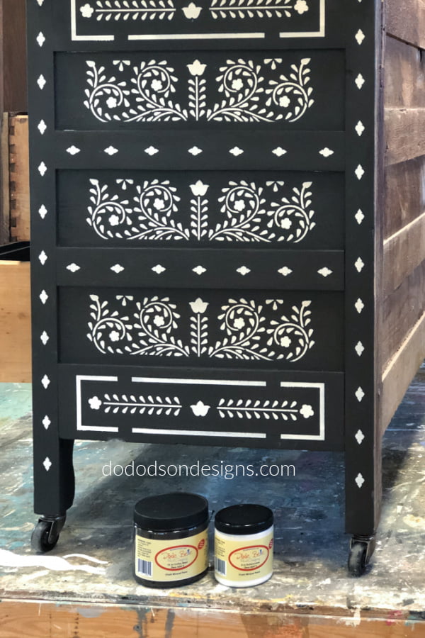 I use chalk mineral paint for my stenciling projects. This DIY Bone Inlay dresser looks amazing and so authentic. 
