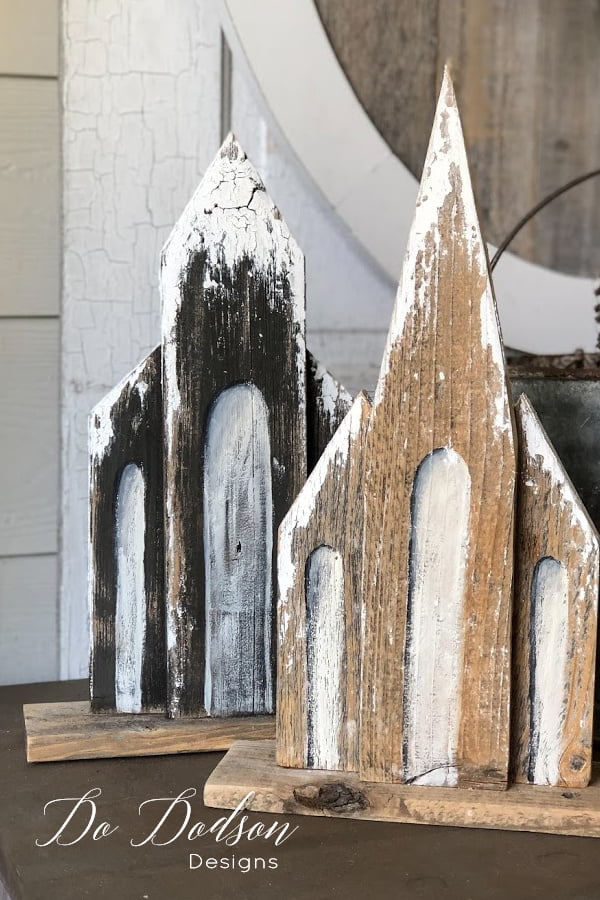 Easy DIY rustic wooden churches with a snow-kissed winter vibe. A fun craft for anyone that loves a good DIY reclaimed wood project.