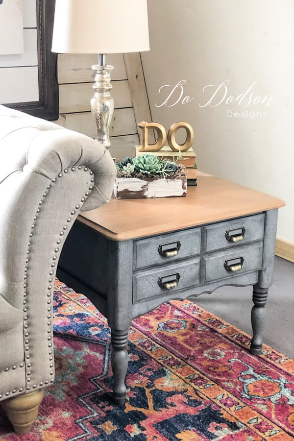If you look closely you'll see an amazing texture on this end table. I used Dixie Belle texture additive with my chalk paint to make this beautiful gray finish. 