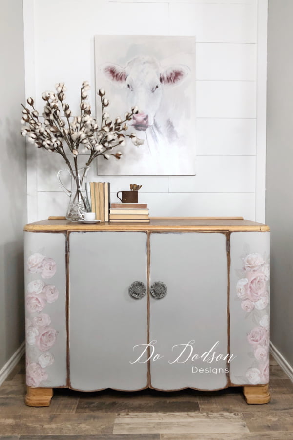 Farmhouse gray chalk paint pared with these soft pink roses transfer works well this shabby chic setting. 