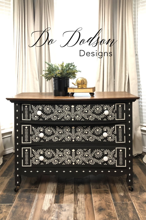 Caviar for the win! This amazing black chalk paint from Dixie Belle is the perfect background for stenciling this bone in lay pattern. Classic!  