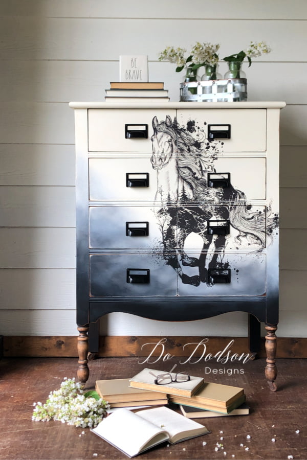 Chalk painted dresser with Dixie Belle Paint and embellished with a furniture transfer by Hokus Pokus. 