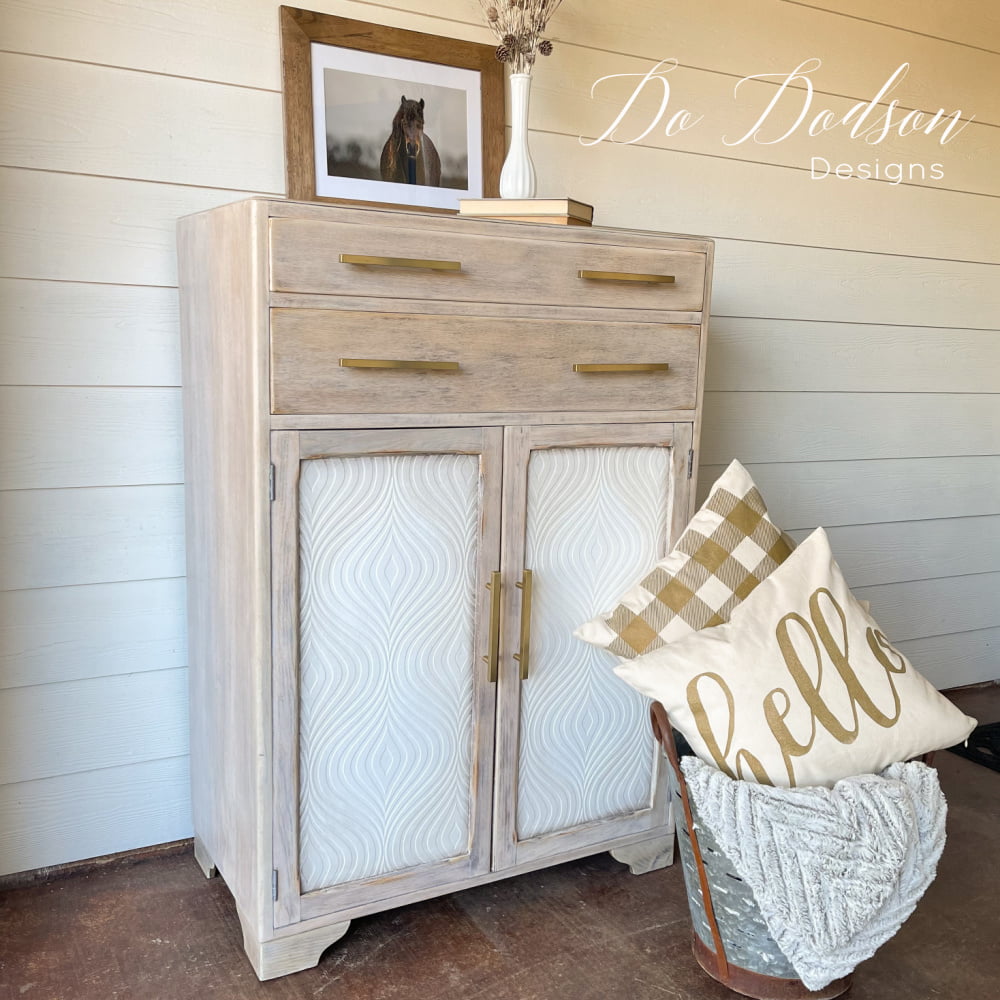 WOW!!! Adding paintable wallpaper on this cabinet dresser really was a great idea. It added texture and a modern farmhouse vibe that is stunning. A real fixer upper! 