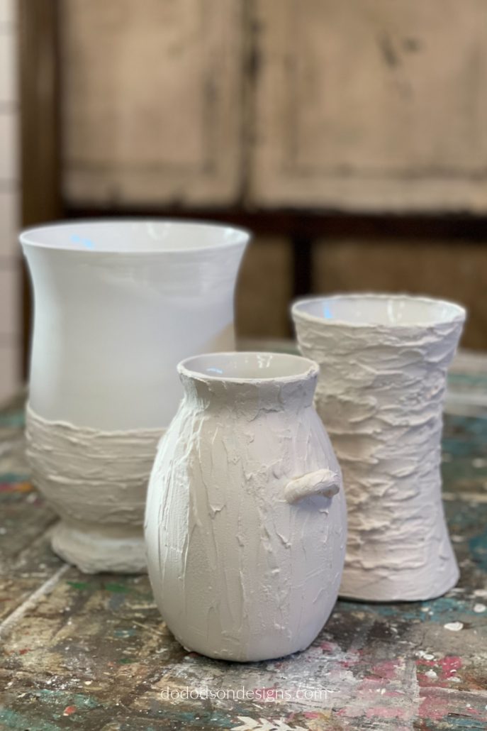 Adding texture to these thrift store décor finds was easy! Now, it's time to add paint to these DIY pottery Barn inspired vases. 