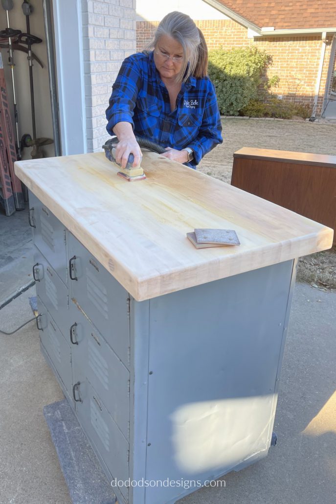 I found these vintage lockers with a butcher block top added that needed to be restored. The first thing I did was to sand away the varnish that had been applied. 