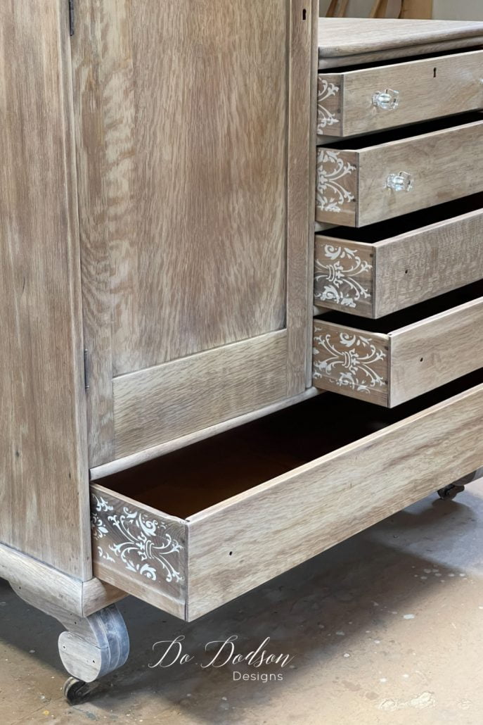 I just love the look of a stenciled pattern when applied to the side of a drawer. Just enough detail that doesn't take away from the beautiful wood finish. 