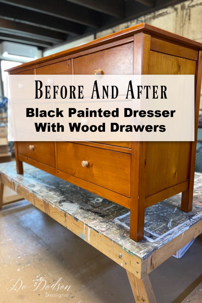 The before was pretty scary but the after is a classic black painted dresser with stained wood drawers. It was an easy DIY project and one I'll never forget! 