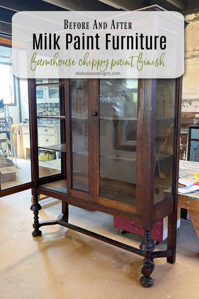 You've got see this before and after of an amazing chippy milk paint finish on this antique hutch. It's going to perfect addition to my farmhouse. style home.